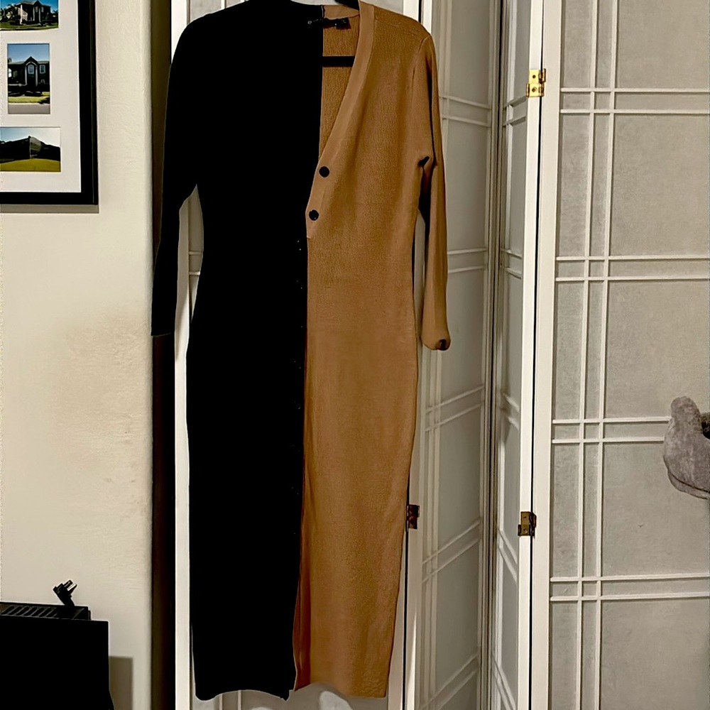 Knit black and tan midi dress. Never worn.
